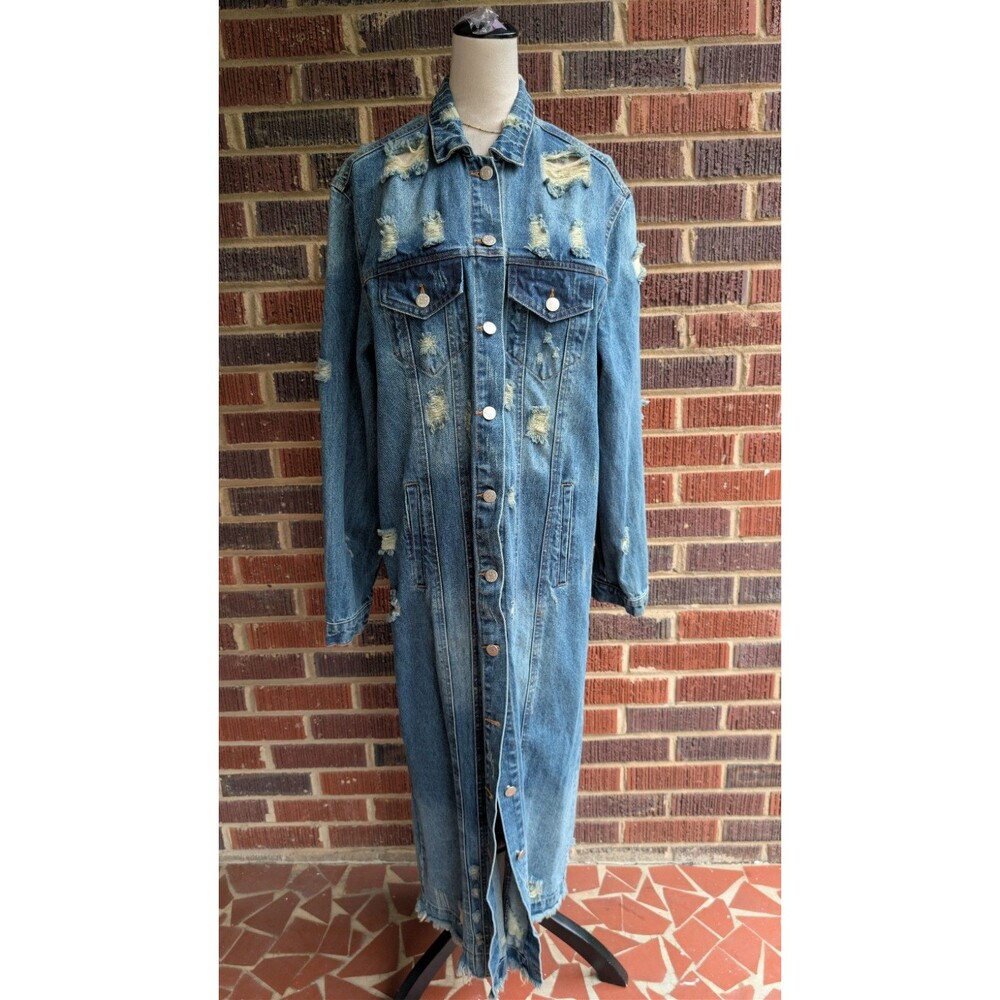 Jaded Gypsy Distressed Long Denim Duster Dress Jacket- Size L/XL